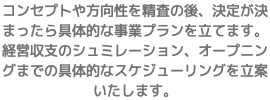 コンセプトや方向性を精査の後、決定が決まったら具体的な事業プランを立てます。経営収支のシュミレーション、オープニングまでの具体的なスケジューリングを立案いたします。
